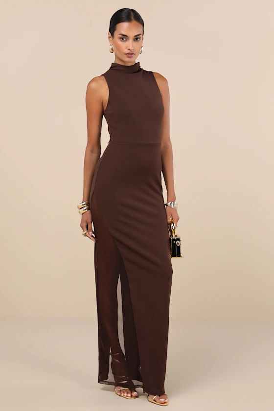 Dark Brown Mock Neck Sleeveless Maxi Dress | Brown Wedding Guest Dress Fall | Lulus