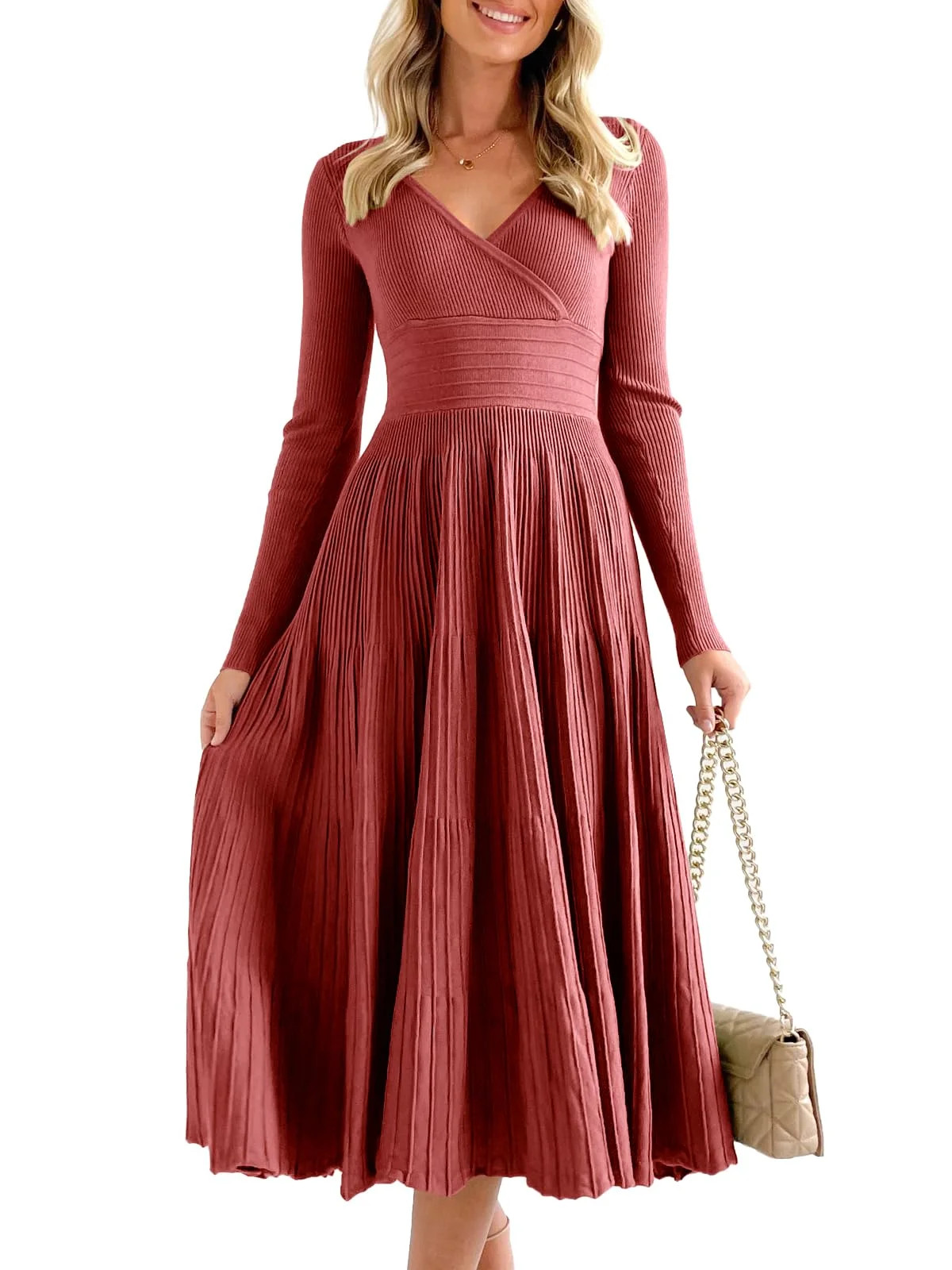 Sherrylily Women Long Sleeve Knit Midi Dress Fall V Neck Pleated A Line Flare Dresses - Walmart.c... | Walmart (US)