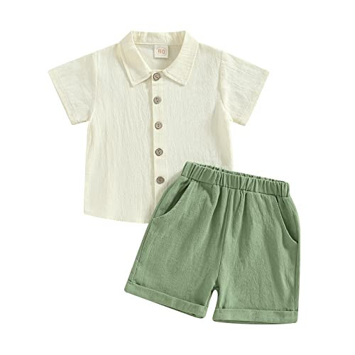 Baby Boy Girl Summer Clothes Toddler Cotton Linen Short Sleeve Button Up Dress Shirt Pocket Shorts Set 2PCS Outfit (Beige Green, 2-3 Years) | Amazon (US)