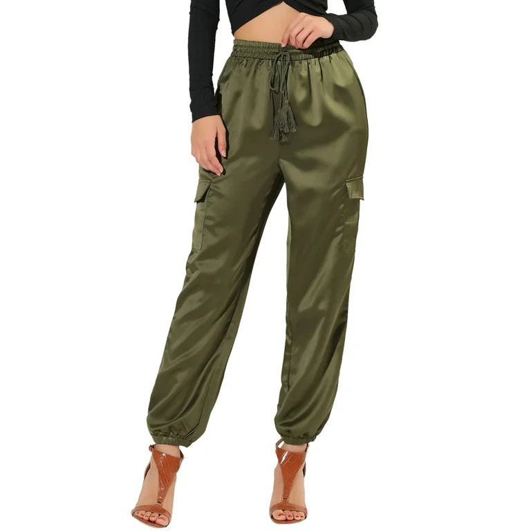 Allegra K Women's Drawstring Elastic High Rise Silky Satin Cargo Solid Pants | Walmart (US)