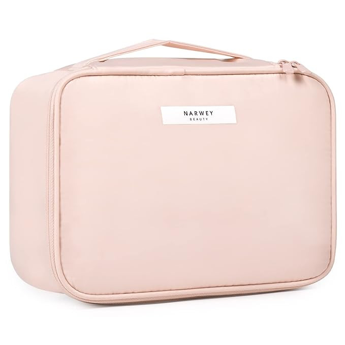 Travel Makeup Bag Large Cosmetic Bag Make up Case Organizer for Women and Girls (Soft Pink) | Amazon (US)