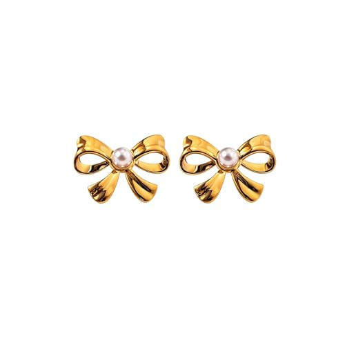 Gold Bow Earrings For Women, 18k Gold-Plated Small Ribbon Bowknot Long CZ Tassel Pearl Stud Trendy Statement Stainless Steel Gift Jewelry (Gold Pear) | Amazon (US)