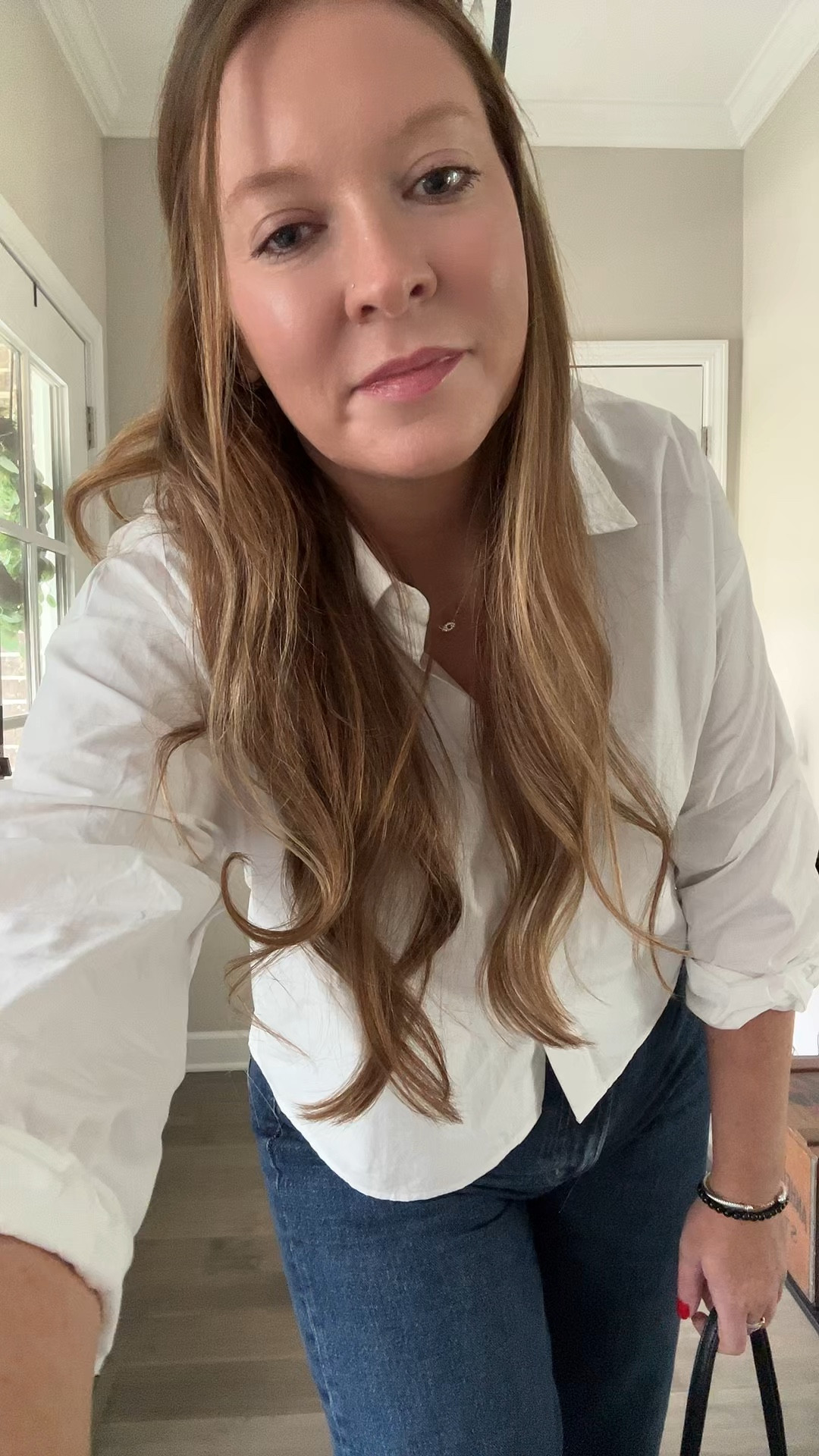Cropped white button down / tts wearing a medium 
Wide leg dark wash ankle jeans / tts wearing a 29
Brown sandal heels / tts
Two tone watch 
David Yurman ring and cuff 
Evil eye necklace 
Small diamond hoop Huggies earrings 

#LTKWorkwear #LTKdayinmylife #LTKootd