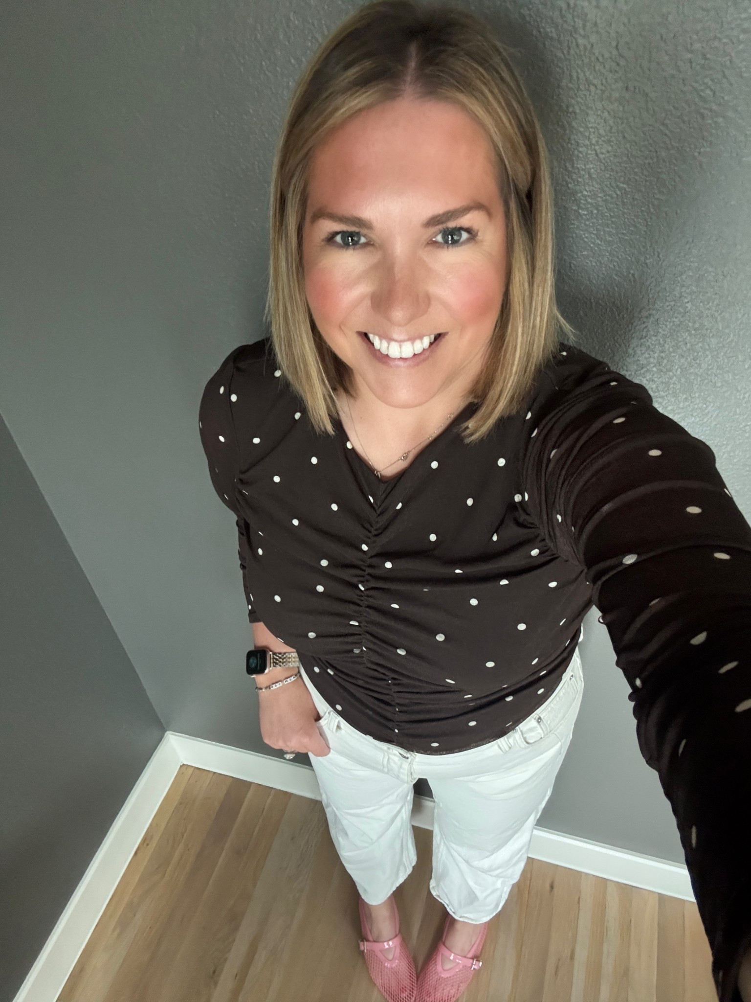 New hair for the Spring! We have a small cold snap going and I was shocked to pull out a long sleeved shirt. I am still loving polka dots and dark brown the spring. I find myself drawn to them both! I added some white jean and a fun pop of color with my pink flats. 

#LTKSaleAlert #LTKootd #LTKMidsize