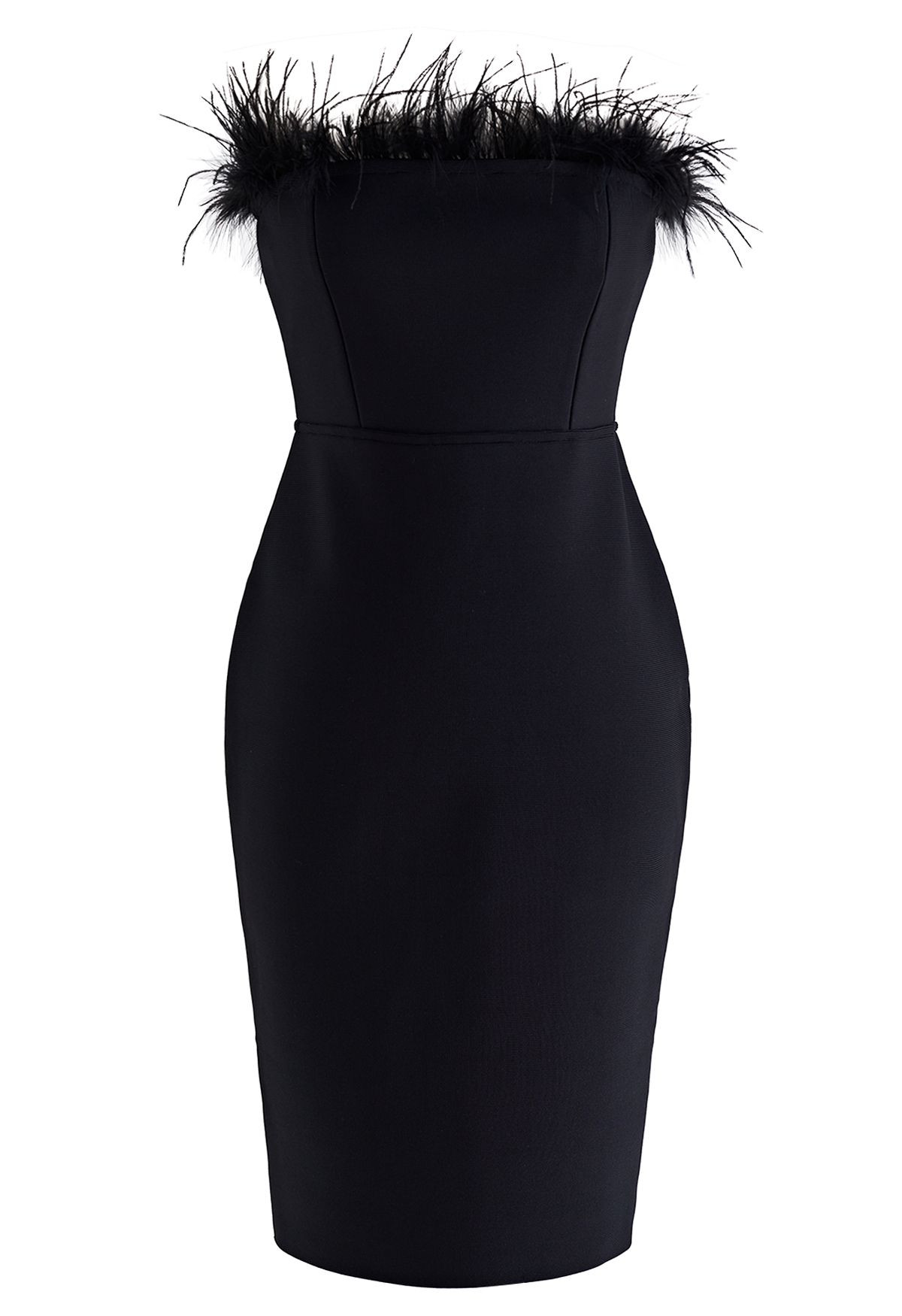 Feather Trim Bodycon Tube Cocktail Dress in Black | Chicwish