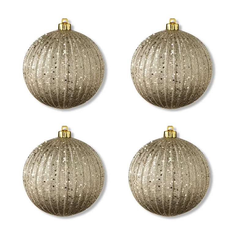 4-Count Champagne Glitter Shatterproof Textured Christmas Ornaments, 5.9 in, by Holiday Time | Walmart (US)