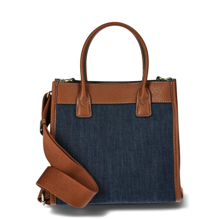 Time and Tru Women's Denim Mini Box Tote Bag with Crossbody Strap, Denim/Brown | Walmart (US)