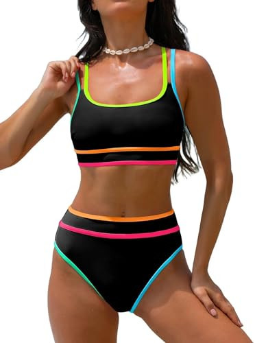 popvil Women's High Waisted Bikini Sets Neon Two Piece 2026 Swimsuit Sporty Adjustable Straps 2 piece Bathing Suit Ladies Beach Summer Black | Amazon (US)