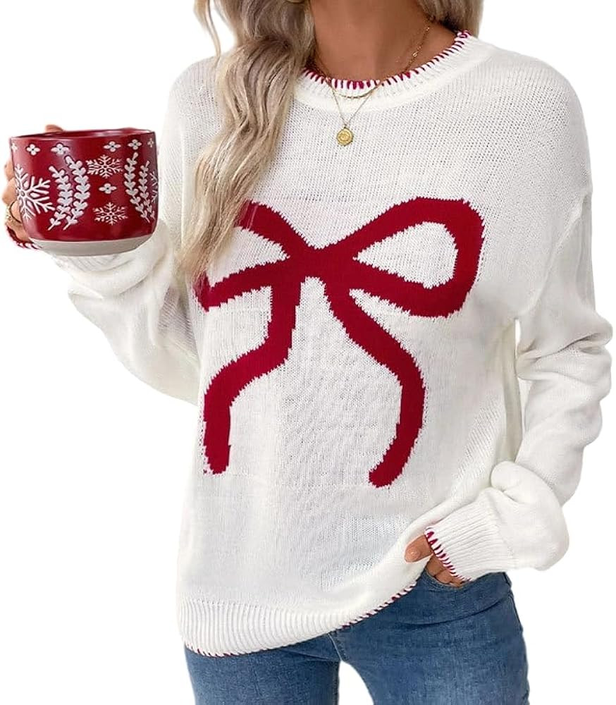 Women's Holiday Pink Sweater with Red Bow, Festive Christmas Knit, Long Sleeve Casual Round Neck ... | Amazon (US)