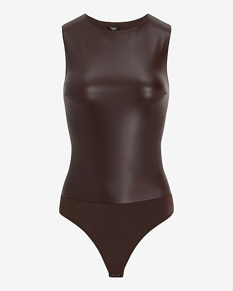 Body Contour Faux Leather High Neck Thong Bodysuit | Express