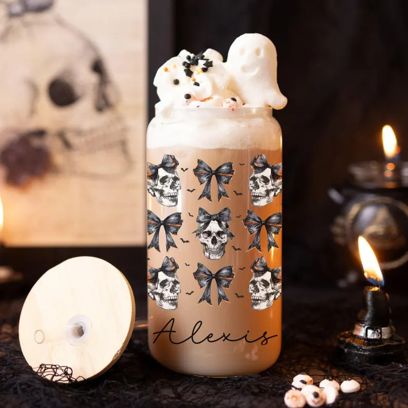 Personalized Halloween Coquette Glass, Spooky Iced Coffee Cup, Halloween Gift, Custom Skull Cup, ... | Etsy (US)
