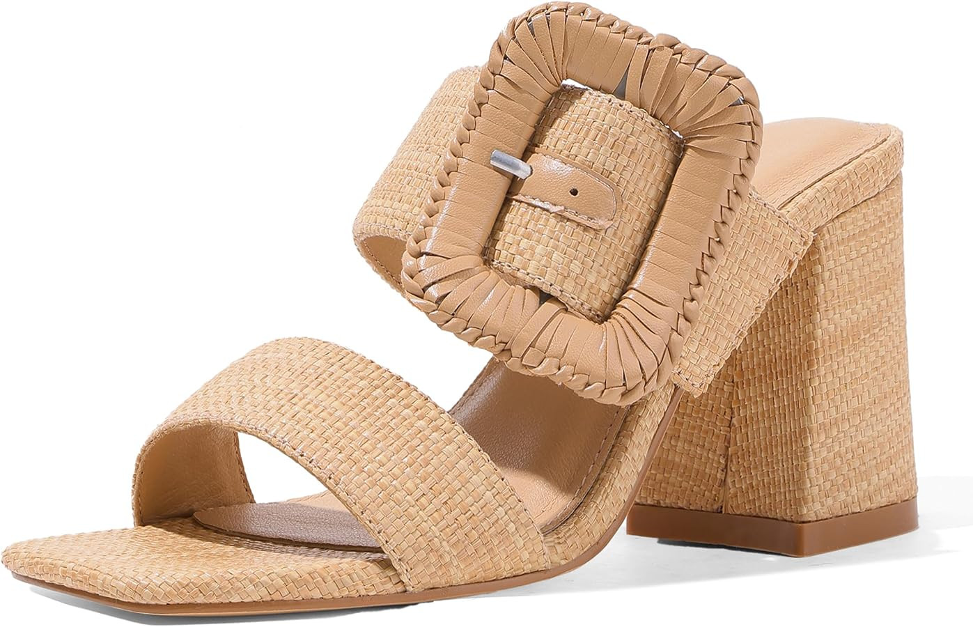 Ancomafio Womens Heeled Sandals Raffia Sandals Square Open Toe Chunky Block Heels Double Strap Su... | Amazon (US)