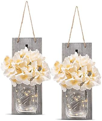 HOMKO Decorative Mason Jar Wall Decor - Rustic Wall Sconces with 6-Hour Timer LED Fairy Lights an... | Amazon (US)