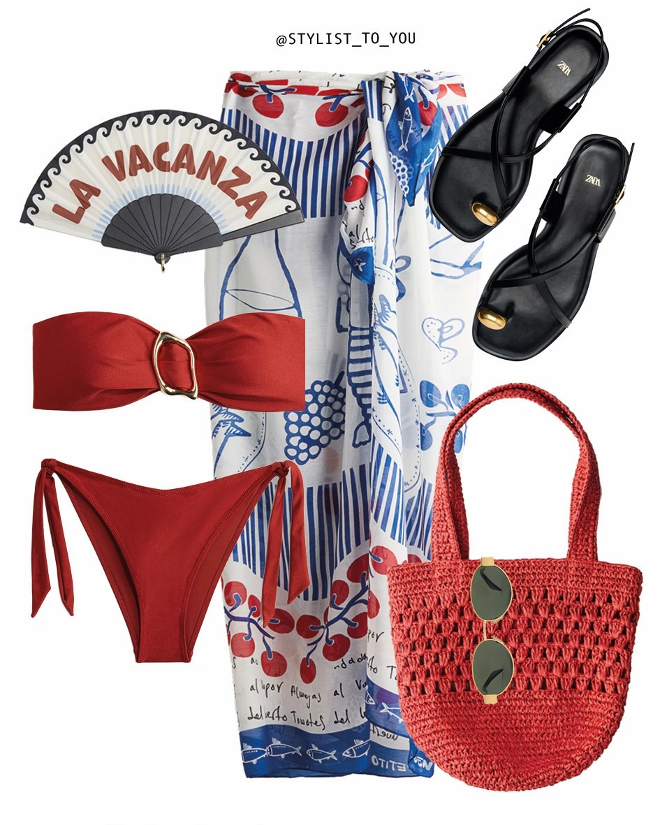 Tomato girl summer 🍅

Flat lay of a beach-ready “Tomato Girl Summer” outfit featuring a red bandeau bikini set with tie-side bottoms, a white and blue Mediterranean-style printed sarong, black flat sandals with gold detail, a red crochet beach tote, olive green sunglasses, and a fan labeled “La Vacanza.” The look is playful, coastal, and perfect for a stylish day by the sea. red bikini, bandeau swimwear, tie side bikini, beach sarong, Mediterranean print, black sandals, summer beach look, crochet tote, red accessories, tomato girl style, la vacanza, coastal outfit, beach essentials, seaside fashion, Italian summer, Amalfi Coast style, chic swimwear, trendy beachwear, poolside style, summer 2025 fashion, relaxed resort look, vacation ready, swim set, stylish summer outfit, girly beachwear, warm weather fashion, summer bag, red and blue aesthetic, feminine swim look, holiday outfit, playful style, fashion flatlay, minimal chic, bold swimwear, statement pieces, classic red and white, European vacation vibe, flirty swim look, stylish coverup, summer getaway outfit

#LTKsummer #LTKeurope #LTKuk