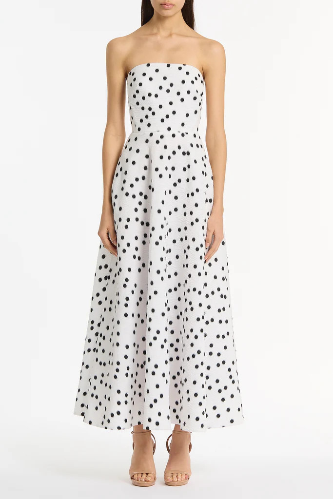 WHITE AND BLACK SPOT JACQUARD A-LINE STRAPLESS GOWN | Carla Zampatti