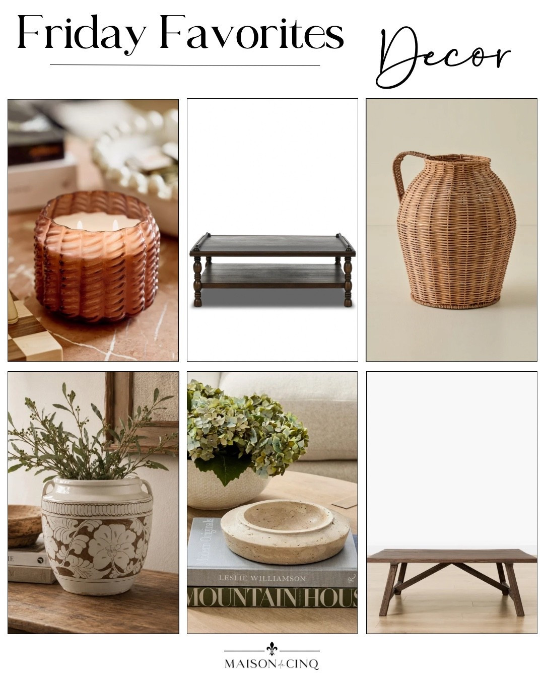So many great finds for Friday Favorites this week like coffee tables I’m coveting, a McGee vase I found for less, the yummiest fall candle and more!

Home decor, wicker vase, pitcher, bowl, coffee table decor

#LTKHome