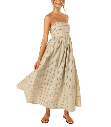 mofgkuz Women's Spaghetti Strap Cut Out Maxi Dress Sexy Beach Smocked Striped Flowy Swing Dress Apricot | Amazon (US)