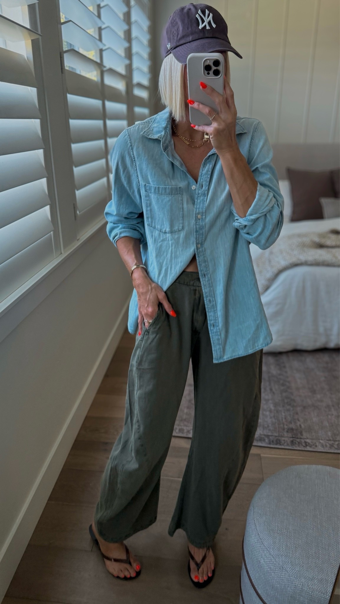 Wear anywhere spring outfit. 
Size up in denim button down. Wearing a large. (Pulling buttons isn’t a good look)
Pants fit tts, weraing a medium 
Jelly thong sandals fit tts. These will sell out!🥰

#LTKxMadewell #LTKmomlife #LTKgrwm