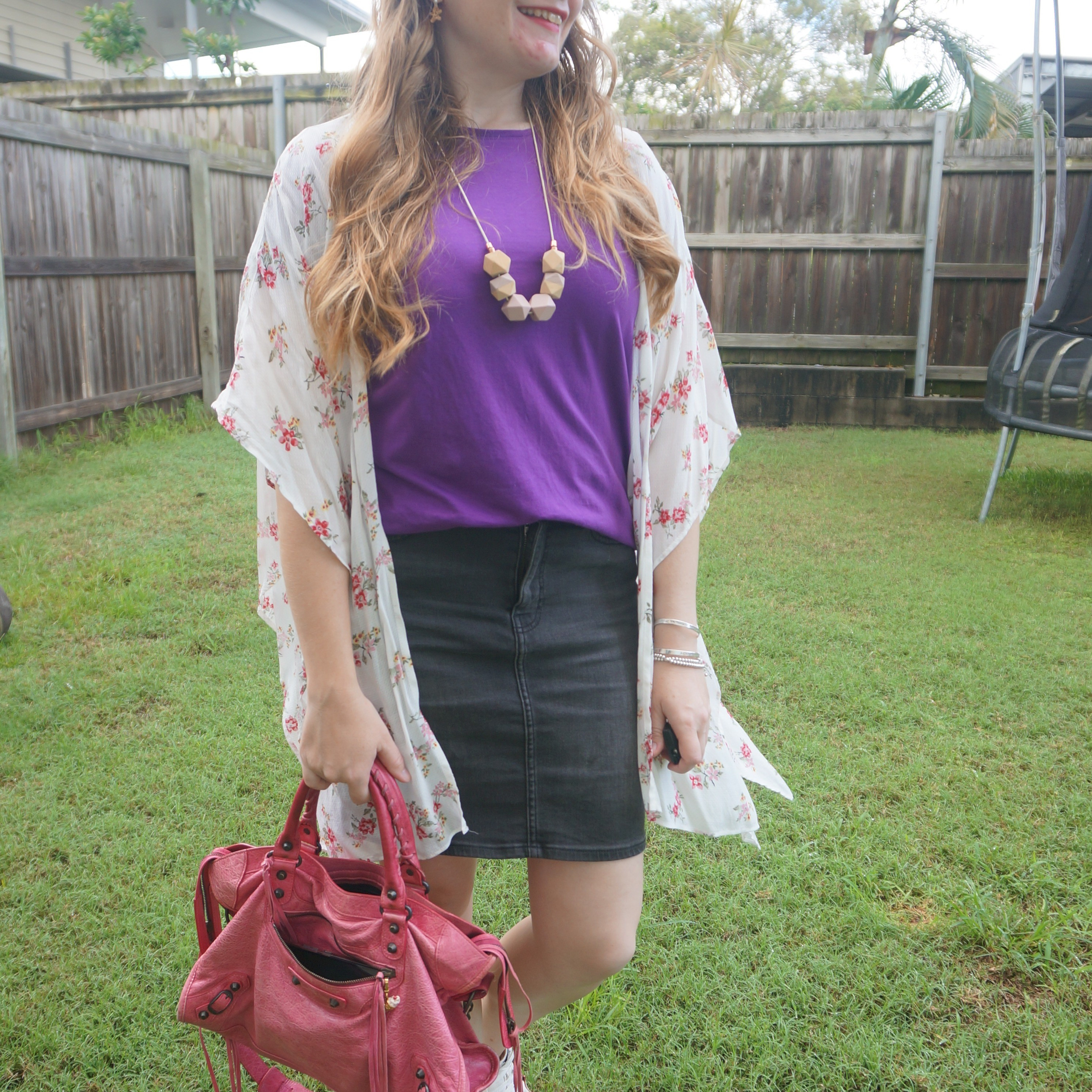 Pink and purple 💕💜 purple tee with floral cover up, black denim skirt and Balenciaga sorbet pink city bag 💕

#LTKaustralia #LTKsummer #LTKbag