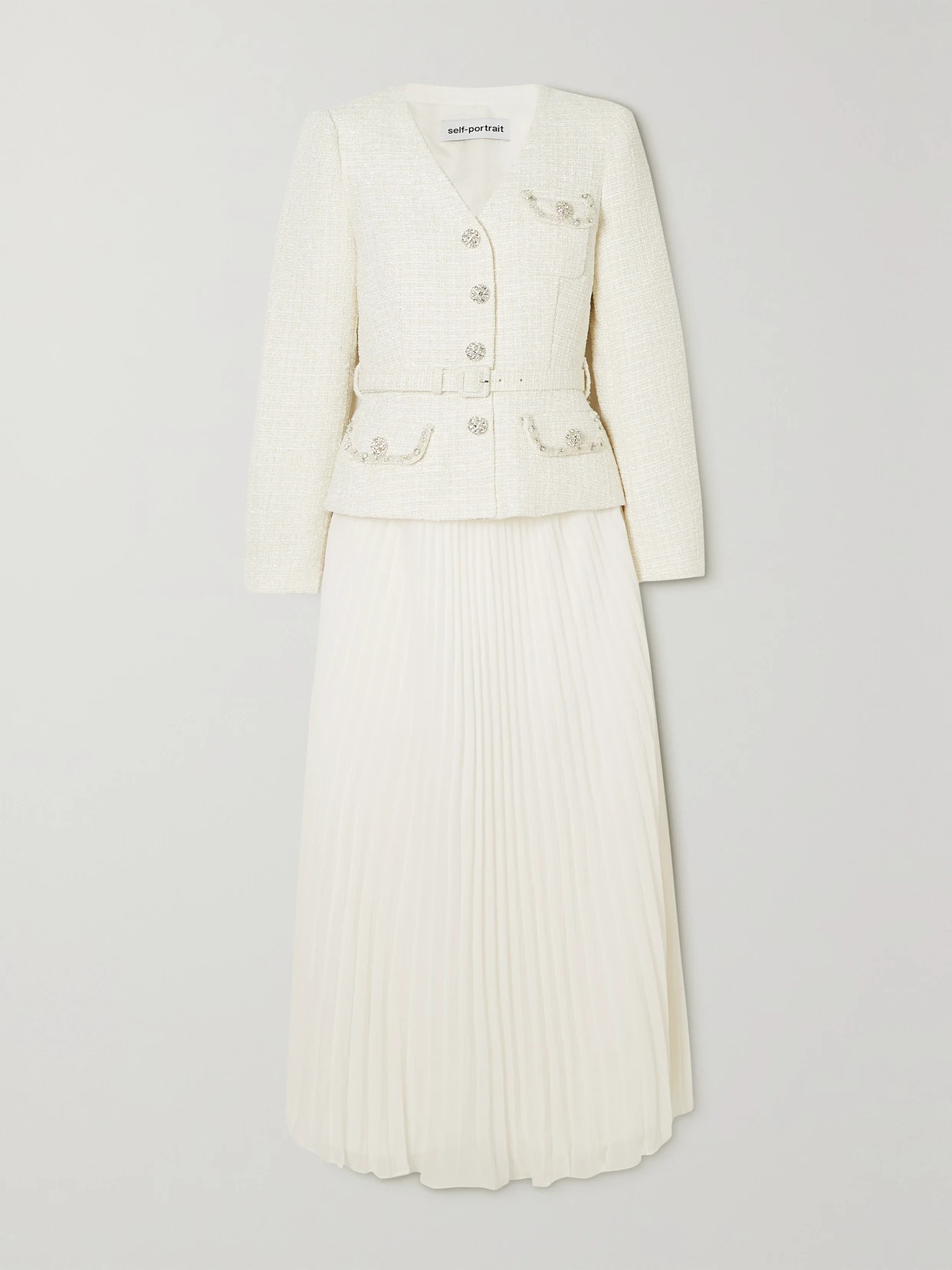 Self-Portrait - Pleated Georgette And Sequin-embellished Metallic Bouclé Midi Dress - White | NET-A-PORTER (US)