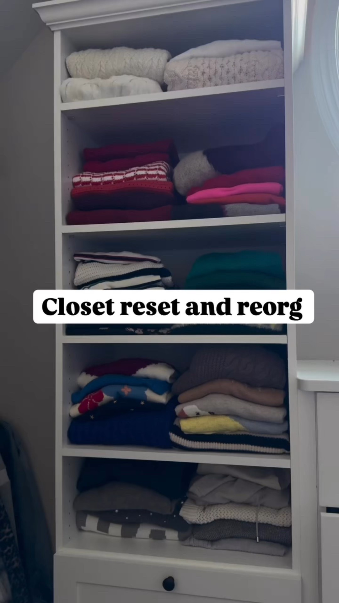 Pulled every sweater out & followed a few simple rules — no overthinking

1. Pull everything out
Lay out every sweater so you can actually see how many you have. This makes decisions clearer

2. Do a QUICK purge (first pass)
Does it fit comfortably?  Have I worn in the last year?  Would I be excited to wear this?  Sort these into piles: KEEP, MAYBE, DONATE, TOSS ✨Tip: If conflicted—put in MAYBE pile

3. Tackling the MAYBE pile
Ask one question:  Do I like or wear this enough to keep?  If not 👉🏻 donate

4. Organizing the KEEPS
Choose what works best for you & your space.  Fold everything if you have room to avoid stretching.  Light/thin sweaters (think cashmere,knits) can be folded and hung over a pant hanger

✨LIKE/ Save if you’re doing a closet reset soon and follow me on IG @styledwithbags
#closetreset #declutterwithme #sweaterweather #organizedlife #aestheticfashion