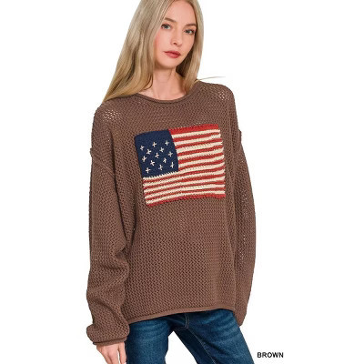 Zenana American Flag Crew Neck Sweater Brown S | Target