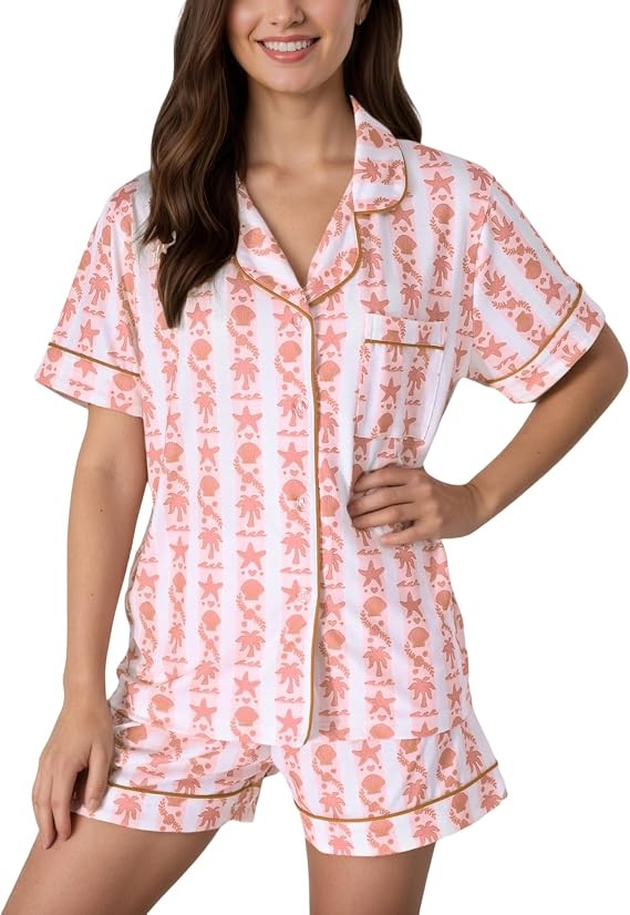 Pajamas for Womens Set Summer 2 Pece Pjs Matching Shorts Set Loungewear Palm Sleepwear for Beach ... | Amazon (US)