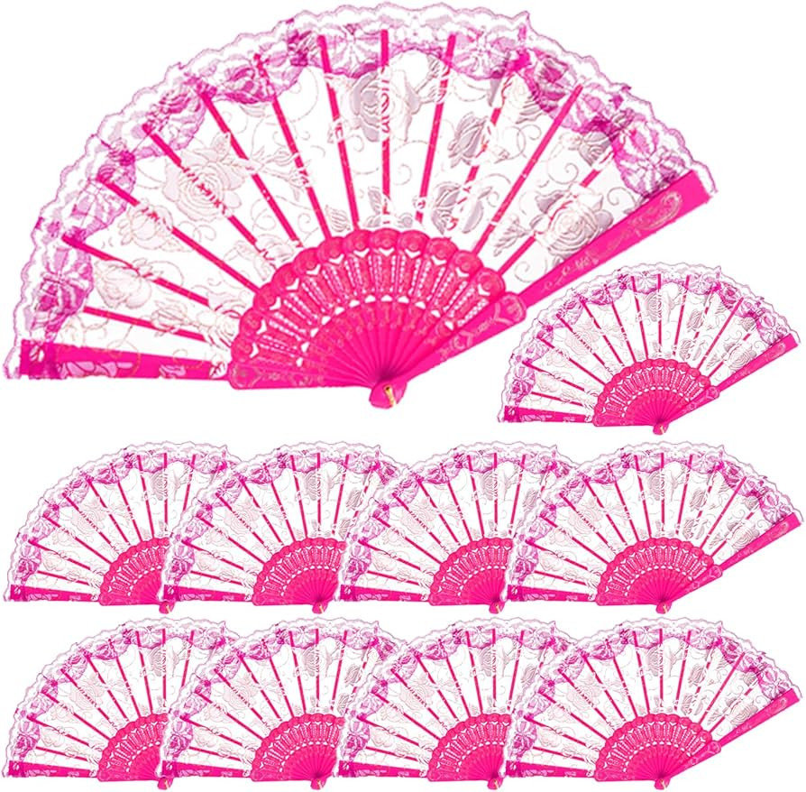 QIRMIZI 30pcs Silk Folding Hand Fans,Silk Fans,Deeppink Rose Fans,Perfect for Weddings, Parties, ... | Amazon (US)
