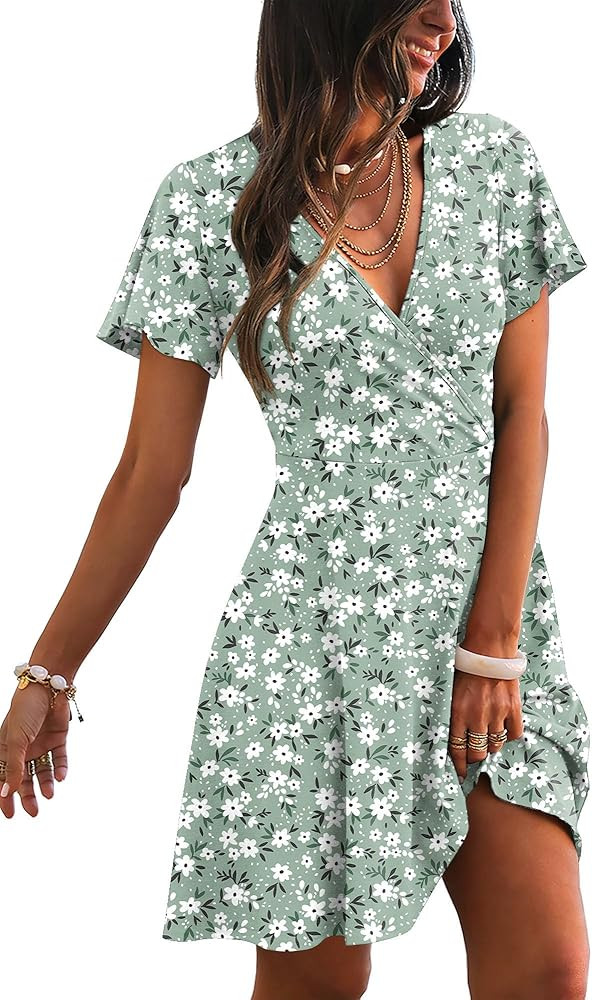 RUMIA Womens Casual Dresses Wrap V Neck Dress A-Line Ruffle Sleeve Summer Sundress Fashion 2026 | Amazon (US)