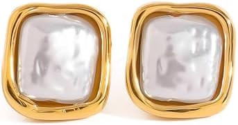Gold Pearl Earrings For Women Chunky Baroque Pearl Earrings Unique Square Earrings Trendy Jewelry | Amazon (US)