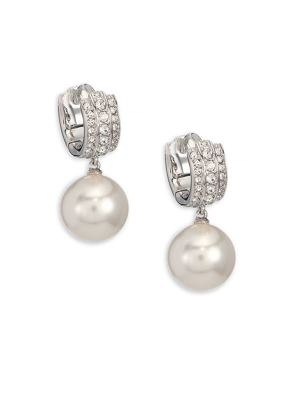 Swarovski Faux Pearl & Crystal Rhodium-Plated Huggie Earrings | Saks Fifth Avenue
