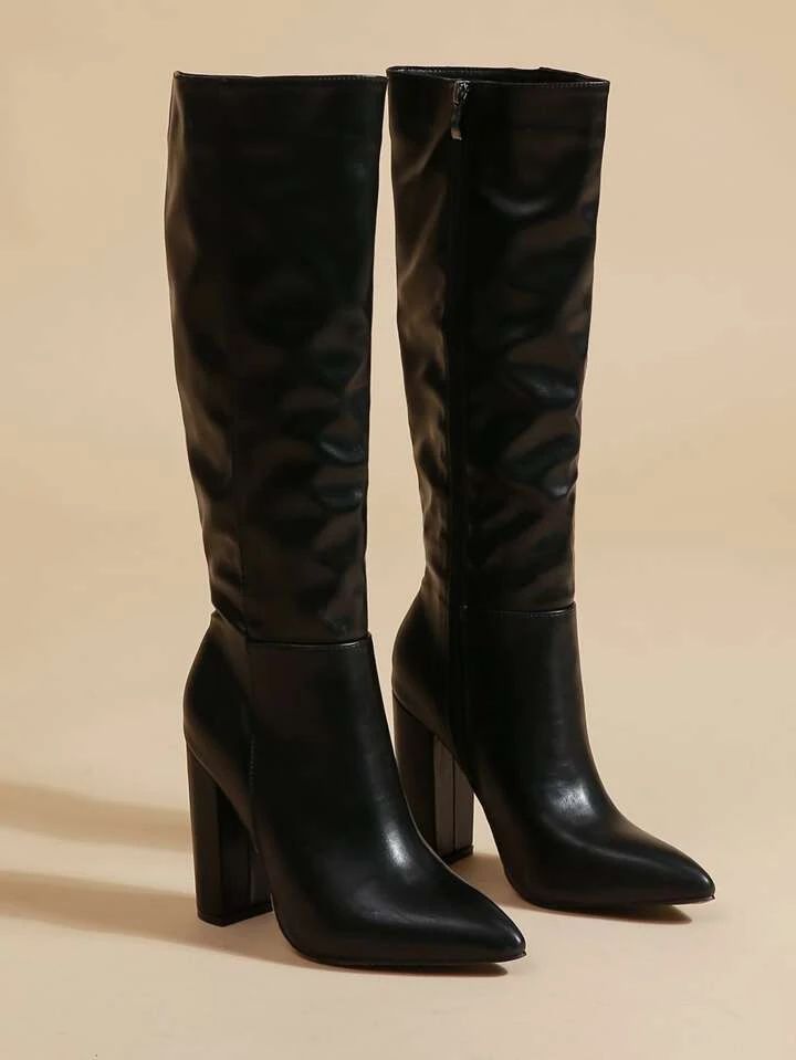 Women Side Zip Point Toe Chunky Heeled Black Knee High Classic Boots | SHEIN