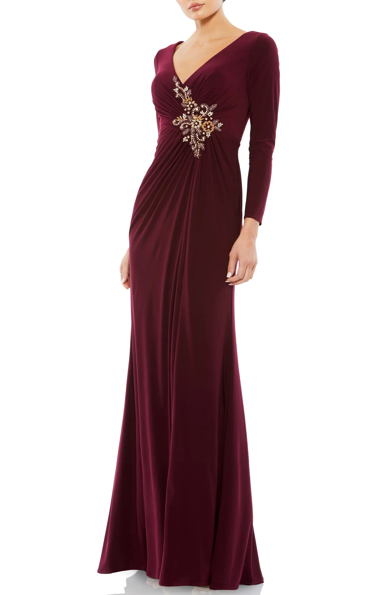 Mac Duggal Faux Wrap Long Sleeve Appliqué Detail Gown | Nordstrom | Nordstrom