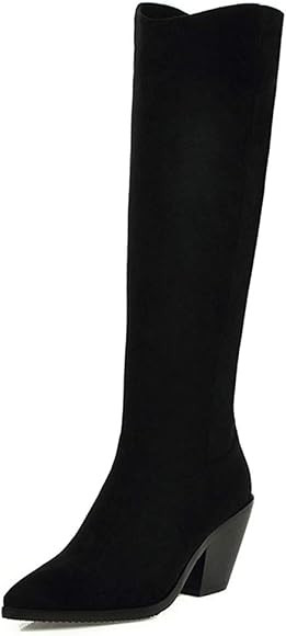 Women Knee-High Biker Boots with Pointed Toe and High Chunky Heel | Amazon (UK)