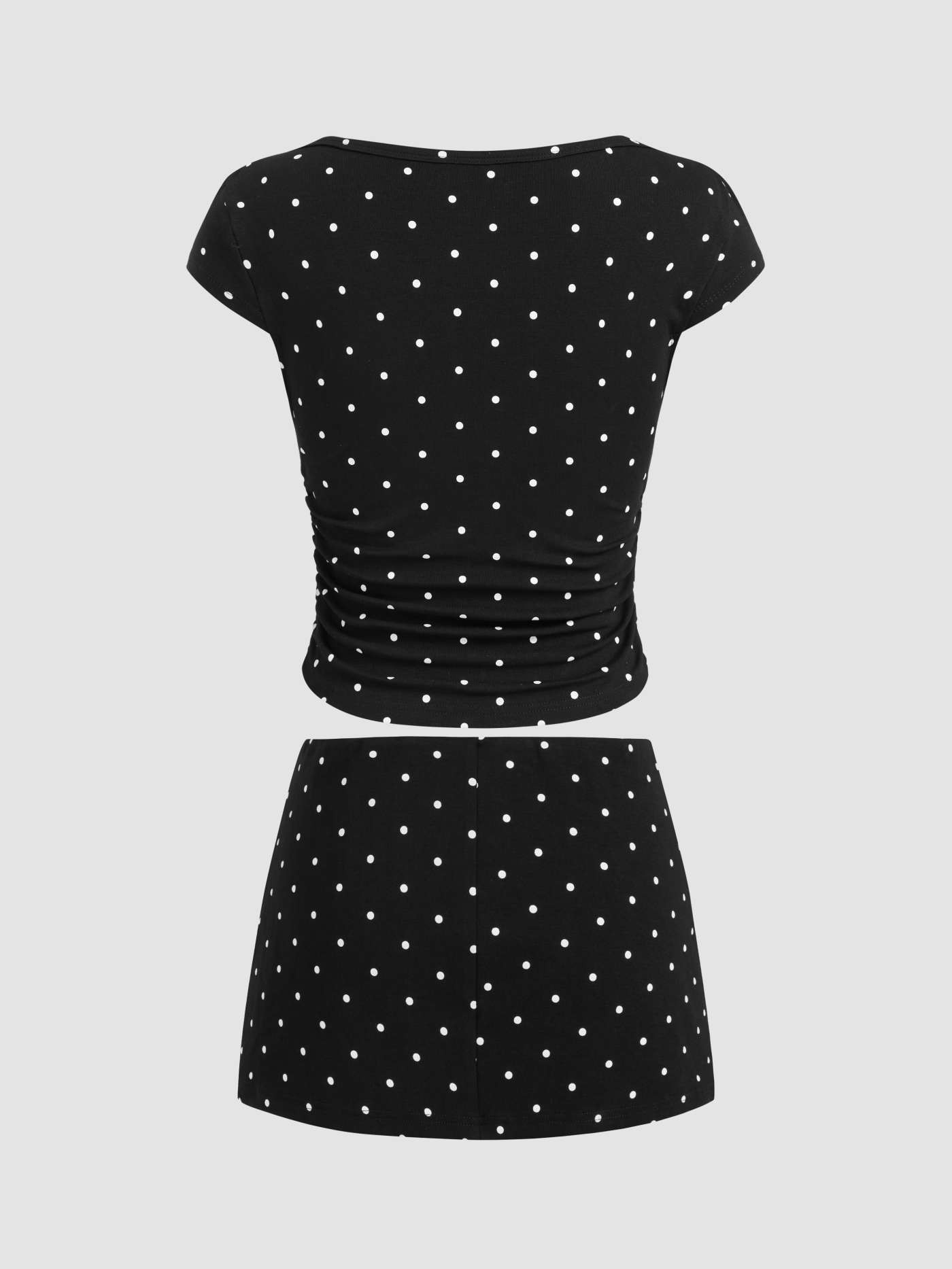 Knit Fabric Cotton-blend Boat Neck Polka Dot Ruched Tee & Mini Skort For Daily Casual | Cider