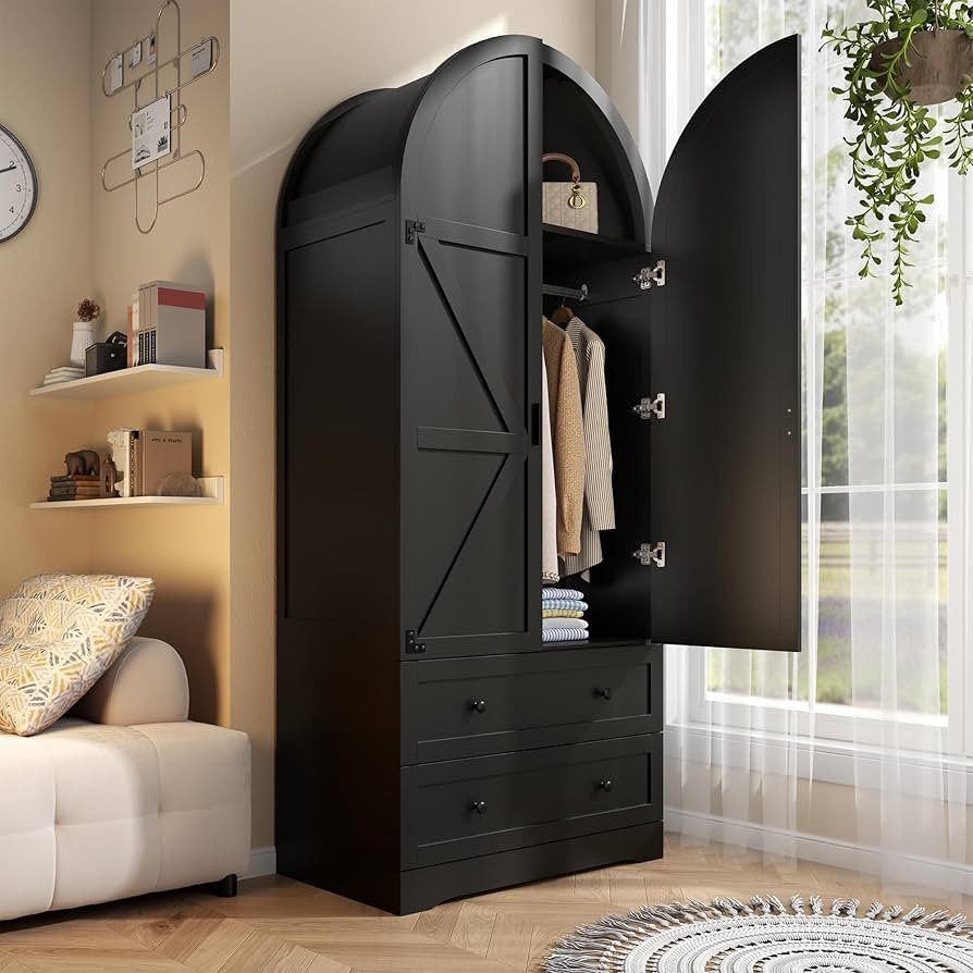 74.8" Black Armoire Wardrobe Closet with 2 Drawers and 2 Doors, Tall Bedroom Freestanding Armoire... | Amazon (US)