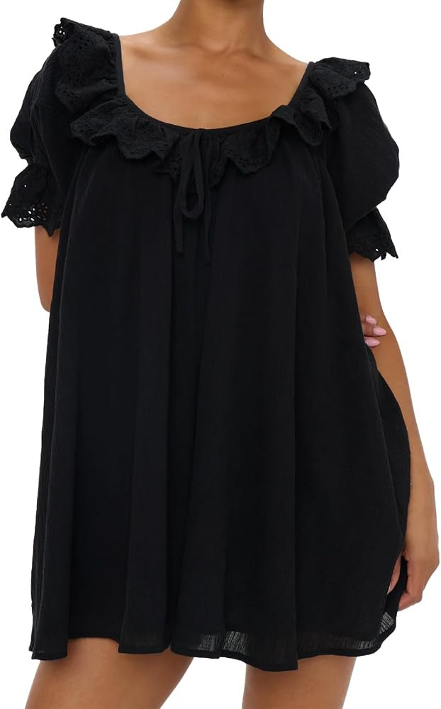 Meiyi station Womens Eyelet Babydoll Dress Ruffle Collar Puff Sleeve Scoop Neck Tie Back Mini Sho... | Amazon (US)