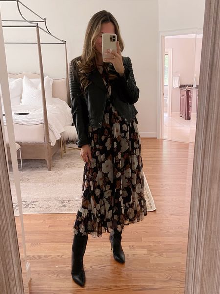 Abercrombie fall dress styled with boots and leather jacket. Dress runs true to size, I’m wearing the petite length for a shorter length (I’m 5’5). Wearing size S. Bump-friendly dress. Use code DENIMAF for extra 15% off dress  

#LTKFind #LTKSeasonal #LTKsalealert