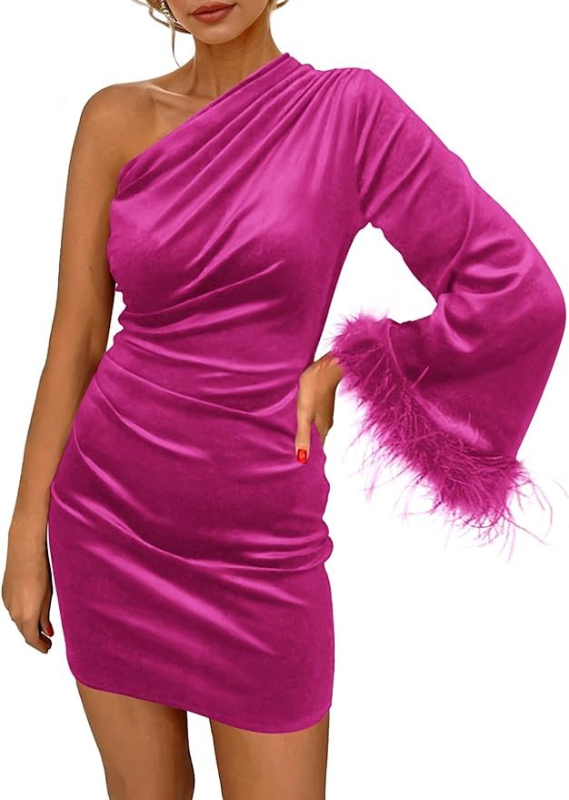 PRETTYGARDEN Women's Fall Long Sleeve Velvet Dress One Shoulder Mini Bodycon Wedding Guest Party ... | Amazon (US)