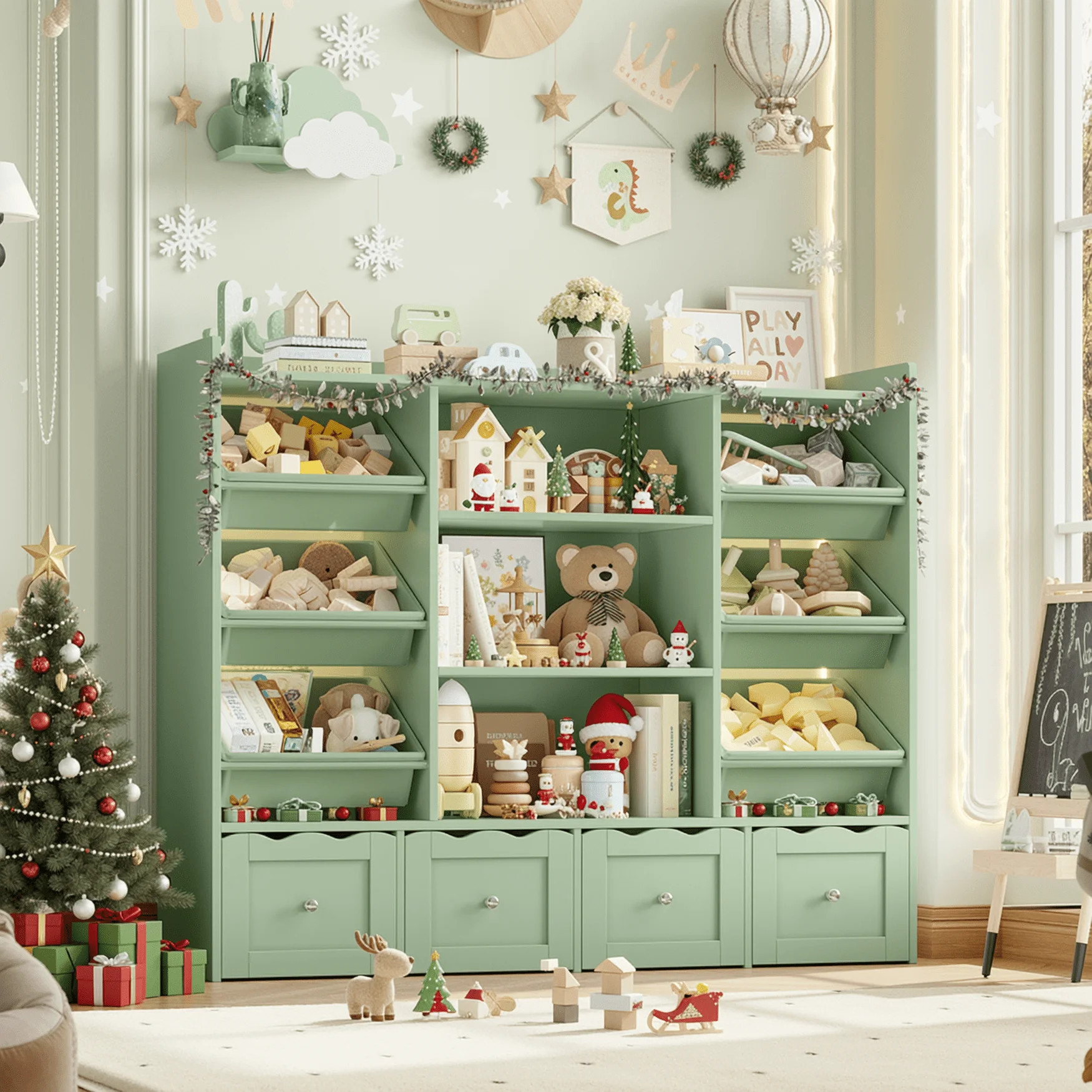 Hiphuta 55" Wide Toy Storage Organizer with 4 Removable Drawers, 4-Tier Kid Bookcase with 6 Bins,... | Walmart (US)