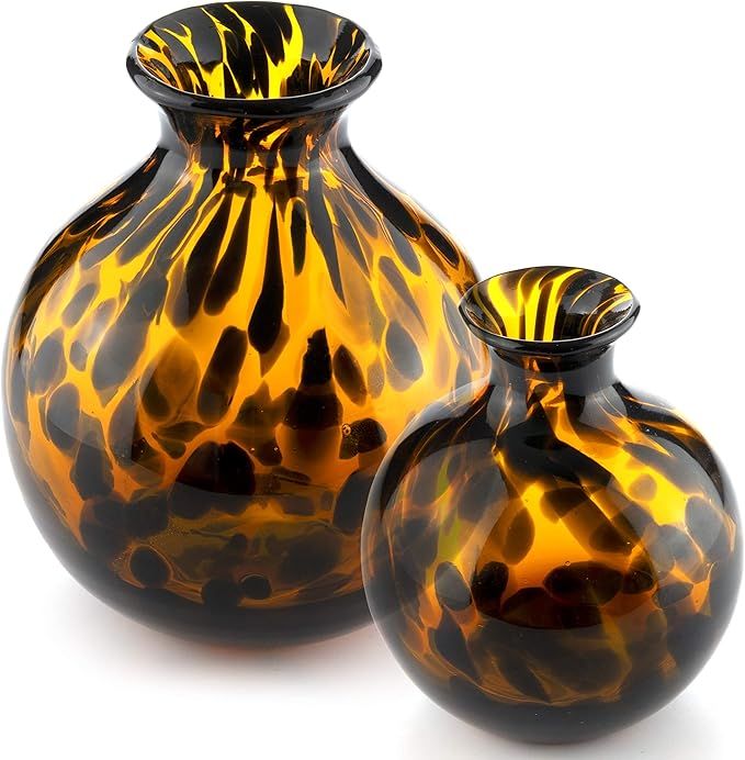 Glass Vase Set – 2 Decorative Round Flower Vases – Animal Print – Black Brown - Home Decor ... | Amazon (US)