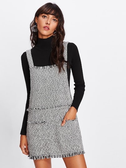 SHEIN Fringe Edge Tweed Overall Dress | SHEIN