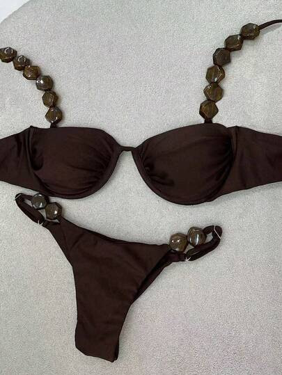 Beaded Deep Brown Bikini Set – Underwire Push-Up Top & High-Cut Bottom, Sheen Fabric, Luxury Be... | SHEIN