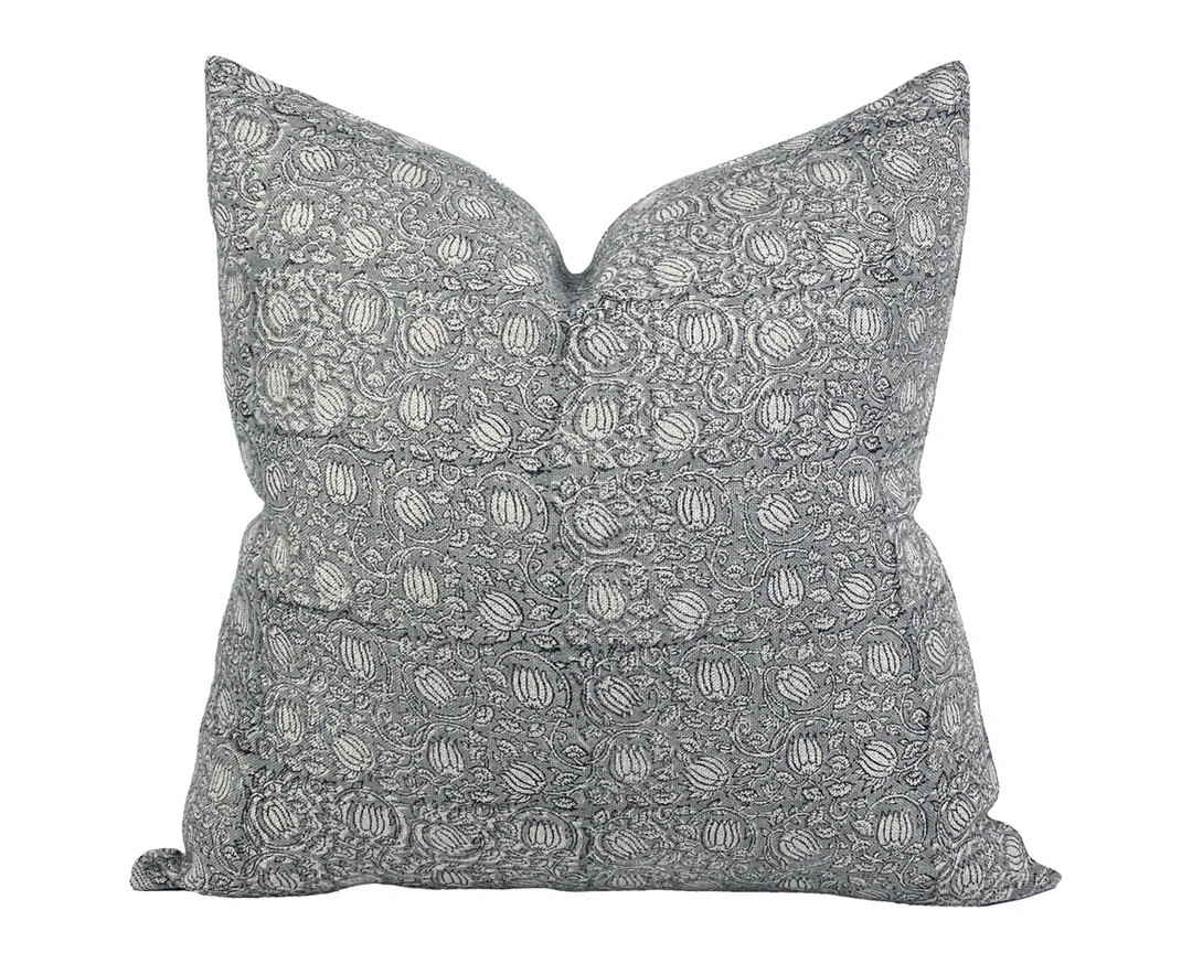 ROSELLE Designer Grey Blue Linen Pillow Cover, Block Print Pillow, Farmhouse Pillow, Neutral Pill... | Etsy (US)