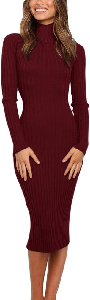 MEROKEETY Women's 2024 Ribbed Long Sleeve Sweater Dress High Neck Slim Fit Knitted Midi Dress | Amazon (US)