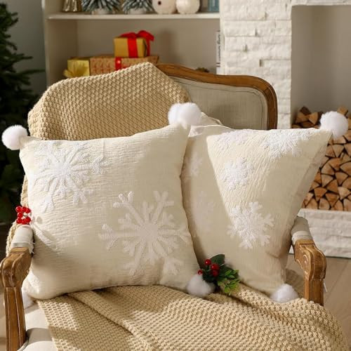 SmoothNovelty Christmas Snowflake Throw Pillow Covers Set of 2, 18x18 Inch Cream Neutral Pillowcases Cushion Cases, Rustic Modern Winter Xmas Holiday Farmhouse Sofa Bed Chair Couch Living Room Decor | Amazon (US)