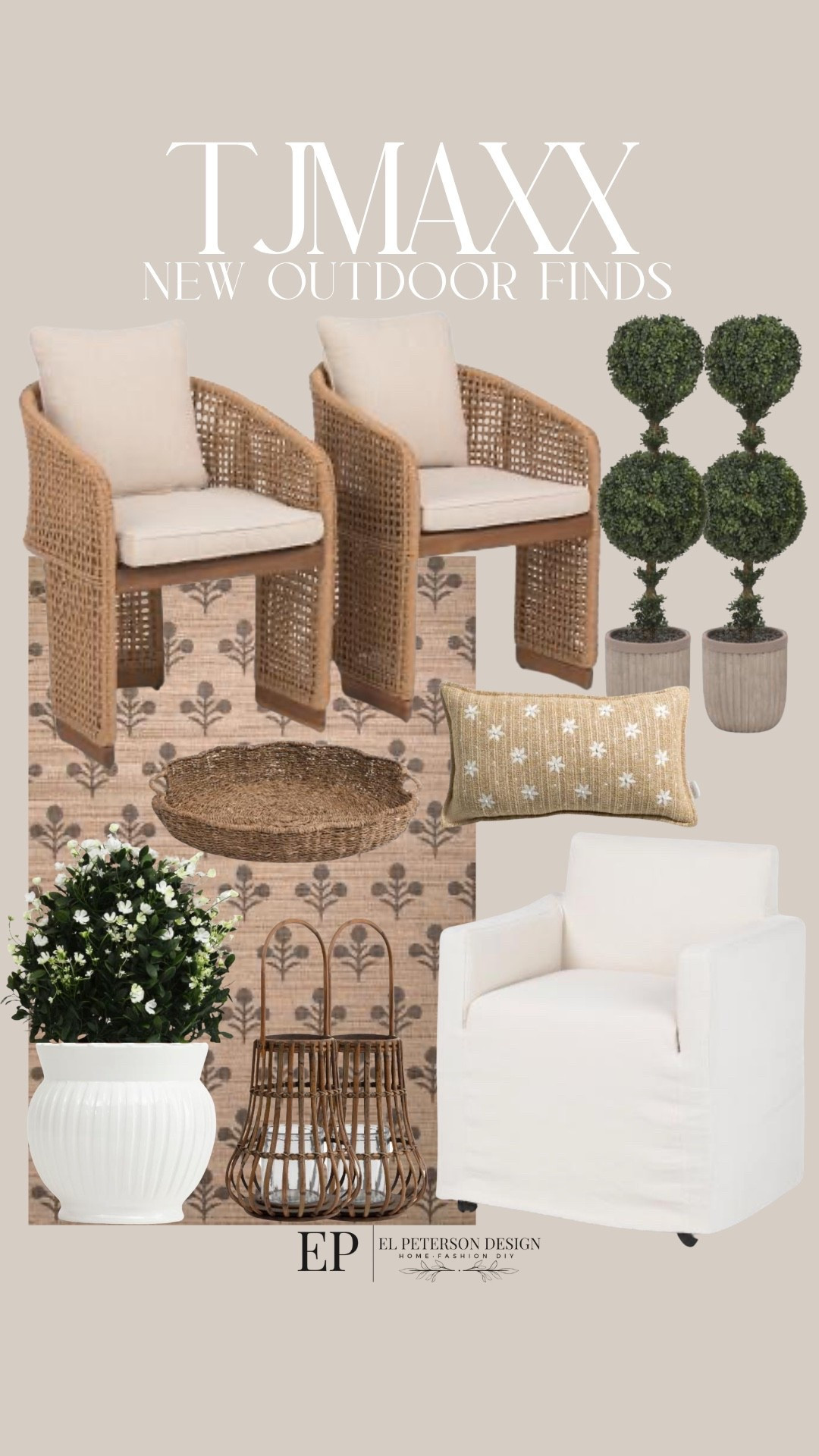 Tjmaxx
Outdoor chairs
Rug
Outdoor dining chairs
Lantern 
Planter
Tray
Topiaries
Pillow 
Faux plant