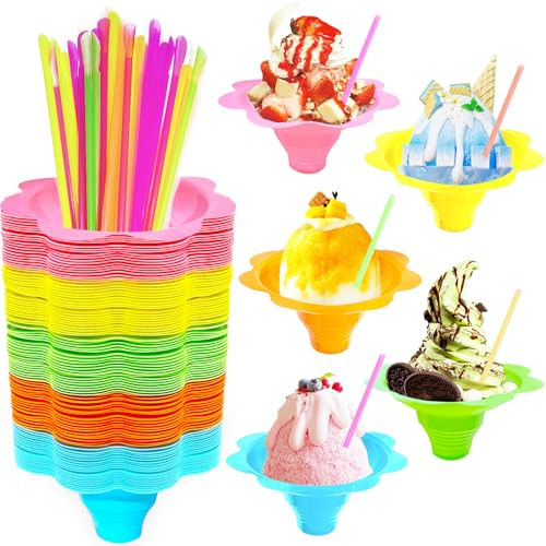 200Pcs 4oz Colorful Snow Cone Cups with Spoon Straws,Plastic Reusable Flower Shaved Ice Drip Cups Snack Ice Cream Bowls for Kids,Birthday Party,Holiday,Summer | Amazon (US)