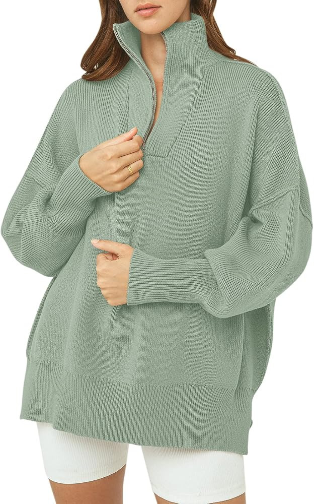 ANRABESS Women's Oversized Sweater 2023 Fall Long Sleeve Quarter Zipper Collar Drop Shoulder Slouchy | Amazon (US)