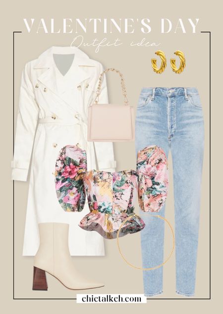 Valentine’s Day outfit idea. 
Denim, agolde jeans, floral top, trench coat, white coat, spring fashion, spring style. 

#LTKstyletip #LTKFind #LTKunder100